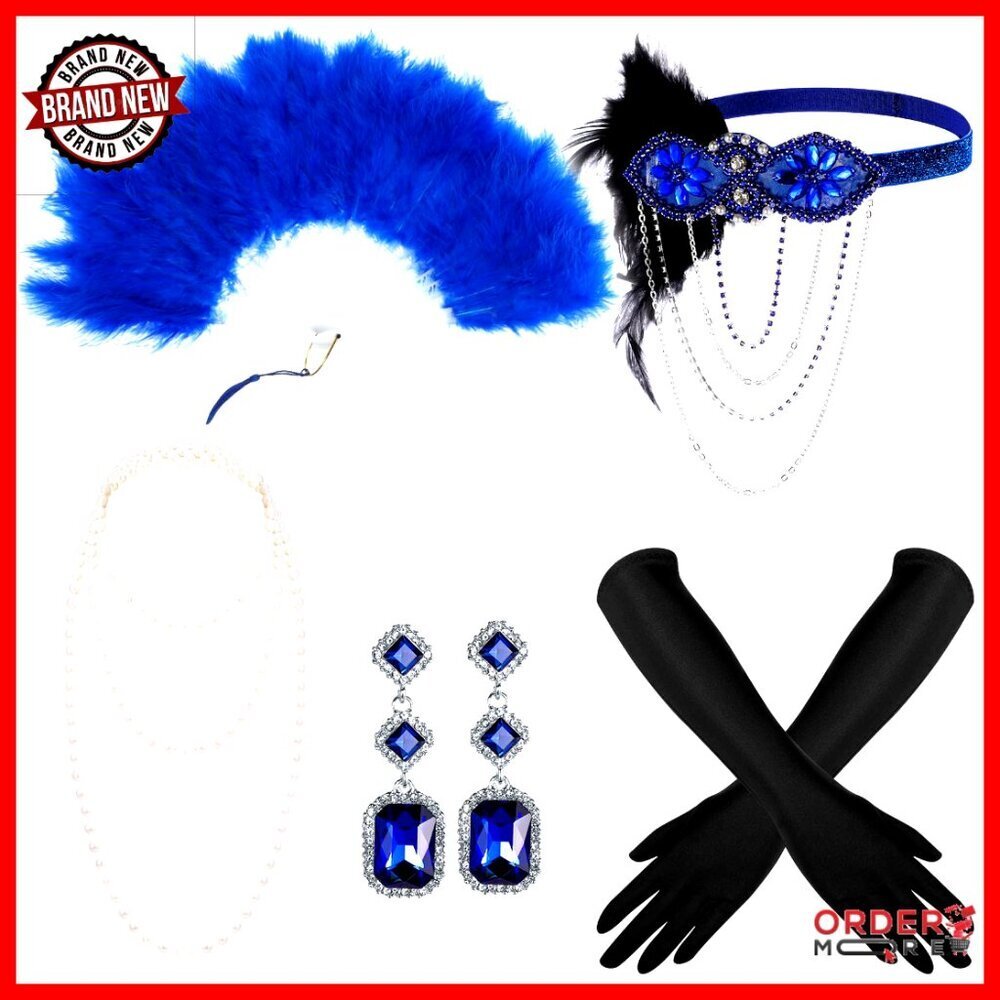 1920s Flapper Costume Accessories Set with Feather Fan and Gloves